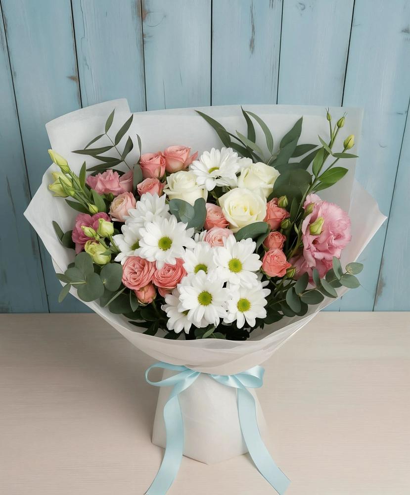 Букет цветов из: Розы, Лизиантусы и Хризантемы в Коршево