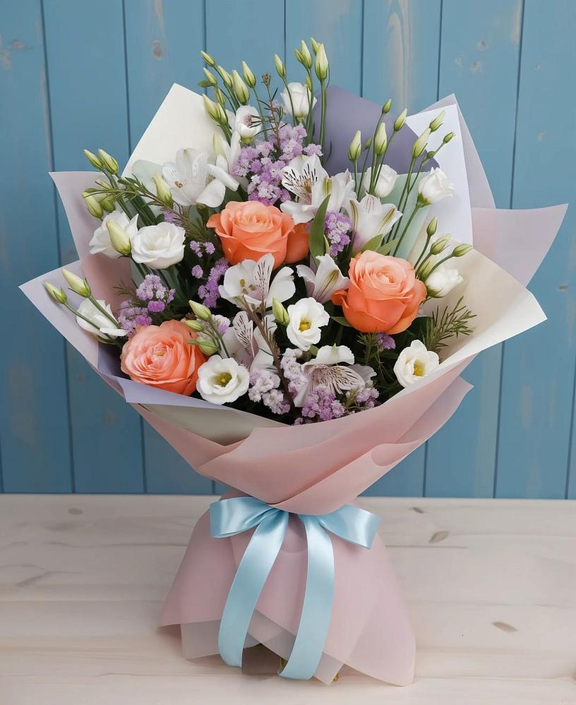 Букет цветов из: Лизиантусы, Розы, Альстромерии и Гипсофила в Коршево