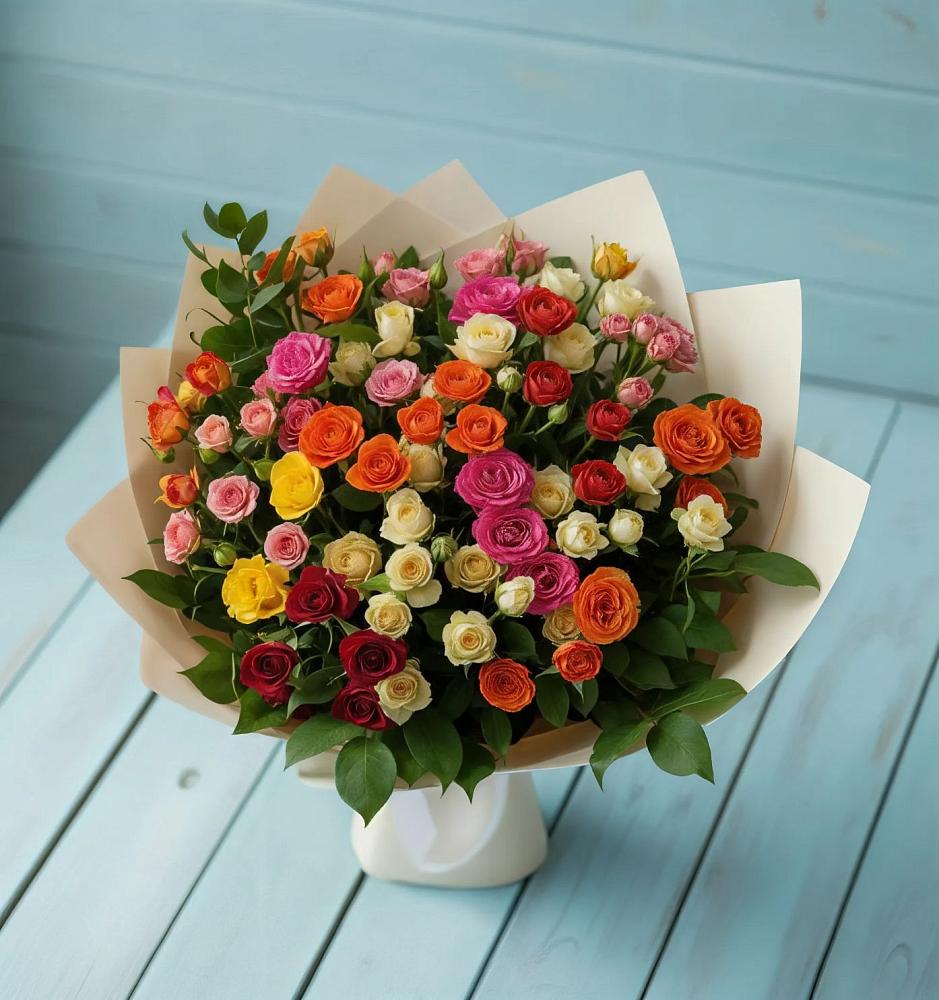 Букет Микс из разноцветных кустовых роз в Коршево