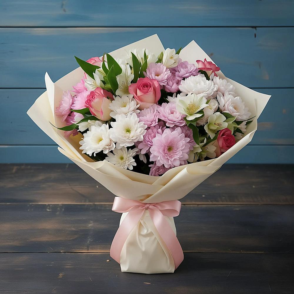 Букет цветов из: Хризантемы, Альстромерии и Розы в Коршево